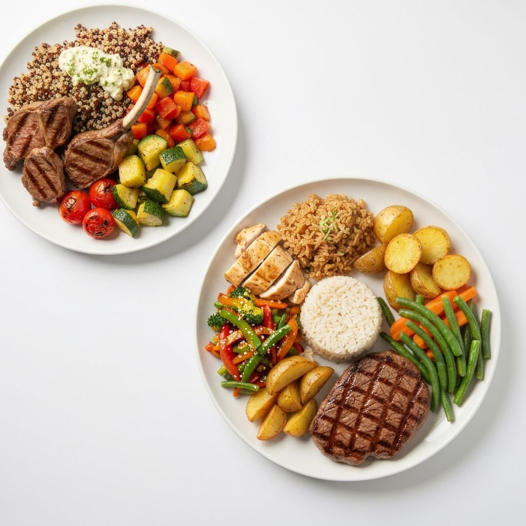Three different balanced plate examples showing various combinations of food groups