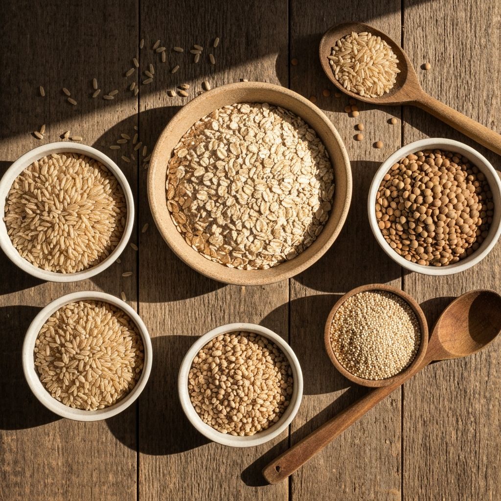 Bowls and portions of various whole grains including rice, oats, lentils and bread